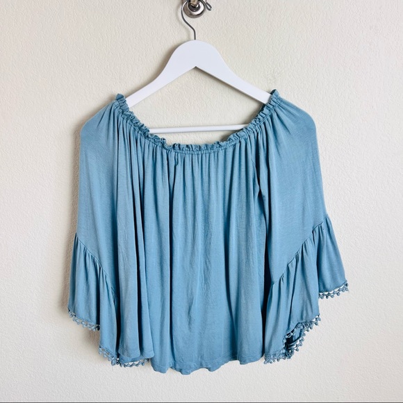 Altar’d State Blue Bardot Off Shoulder Cream Embroidered Bell Sleeve Blouse - Picture 3 of 15
